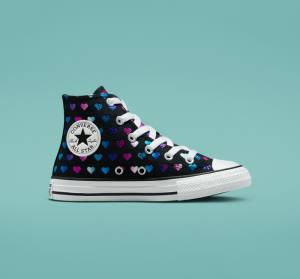 Converse Chuck Taylor All Star Foil Hearts Höga Sneakers Svarta Vita Rosa | CV-528VJB