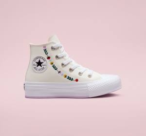 Converse Chuck Taylor All Star Lift Platform Floral Embroidery Höga Sneakers Vita Vita | CV-804UFH