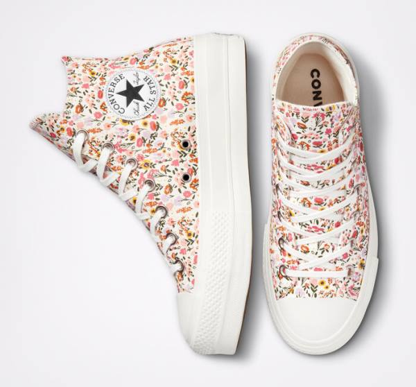 Converse Chuck Taylor All Star Lift Platform Florals Höga Sneakers Beige Vita Rosa | CV-964NWJ