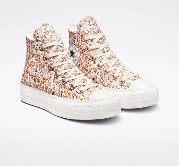 Converse Chuck Taylor All Star Lift Platform Florals Höga Sneakers Beige Vita Rosa | CV-964NWJ