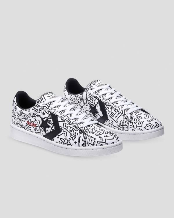 Converse Keith Haring Pro Läder Låga Sneakers Vita Svarta Röda | CV-059KQH