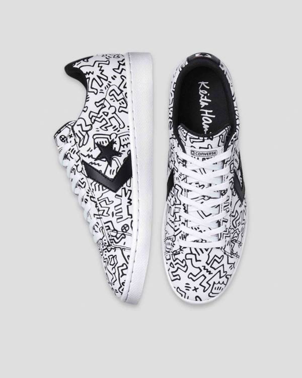 Converse Keith Haring Pro Läder Låga Sneakers Vita Svarta Röda | CV-059KQH