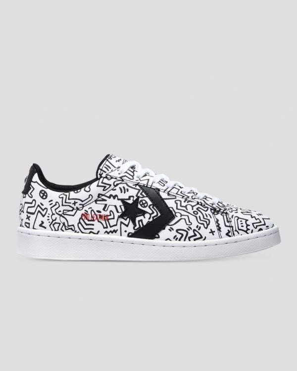 Converse Keith Haring Pro Läder Låga Sneakers Vita Svarta Röda | CV-059KQH