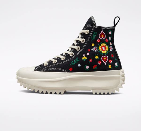 Converse Run Star Hike Platform Floral Embroidery Höga Sneakers Svarta | CV-791DZN